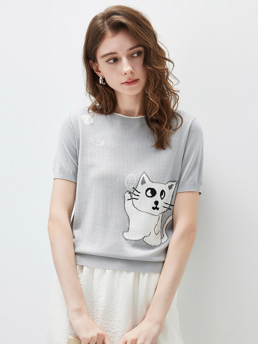 COMOBOCA Women's Cat And Tennis Intarsia Knit T-Shirt