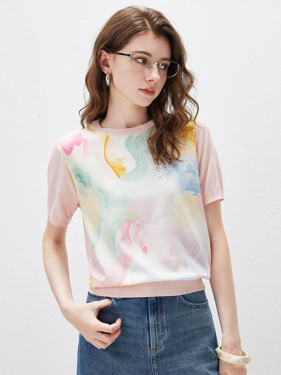 COMOBOCA Women's Floral Print Panel Knit T-Shirt