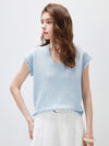 Women’s V-Neck Silk-Cotton Jacquard Knit Short Sleeve T-Shirt