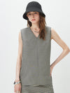 Women's V-neck Mulberry Silk Cotton Plaid Sleeveless Vest With Side Slit