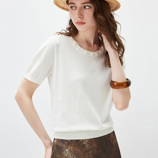 COMOBOCA Women's Rhinestone Trim Knit T-Shirt