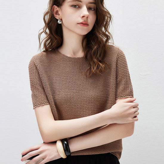 COMOBOCA Brown Women's Openwork Round Neck Knit T-Shirt