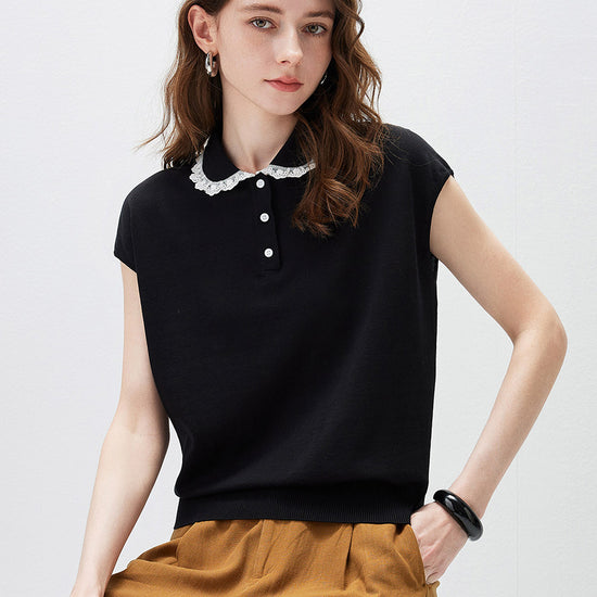COMOBOCA Women's Lace Trim Collar Knit Polo T-Shirt