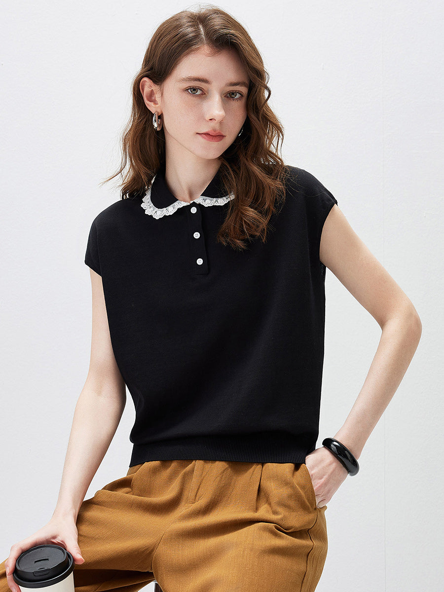 COMOBOCA Women's Lace Trim Collar Knit Polo T-Shirt