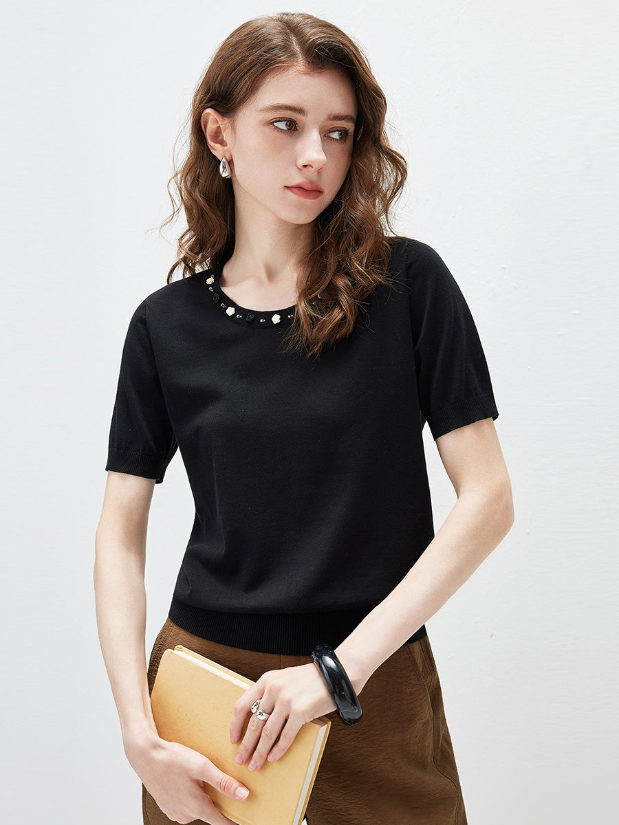 COMOBOCA Black Women's Rhinestone Trim Knit T-Shirt