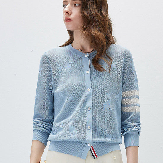 COMOBOCA Women's Pet Pointelle Knit Round Neck Cardigan