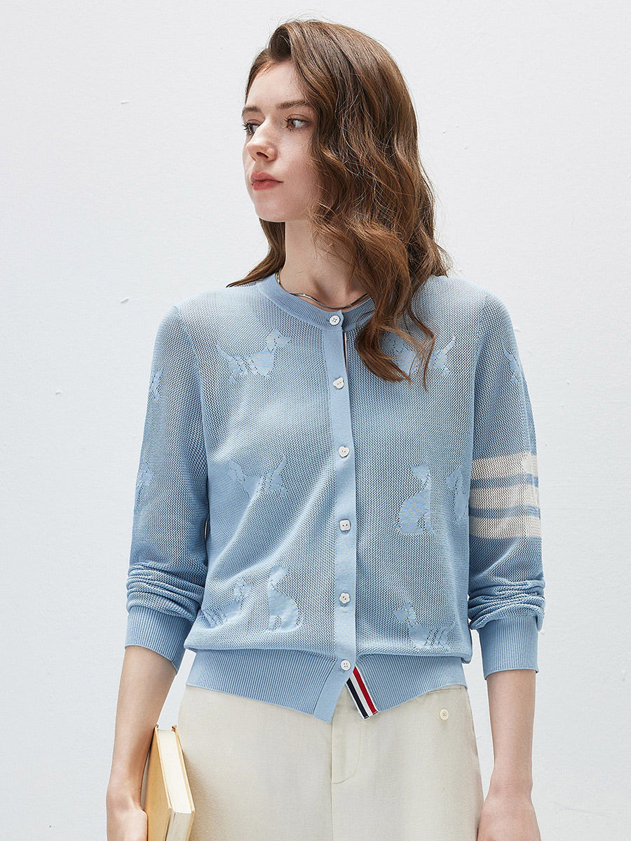 COMOBOCA Women's Pet Pointelle Knit Round Neck Cardigan