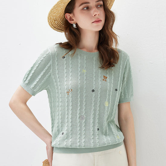 COMOBOCA Women's Cable Knit Embroidered Sweater