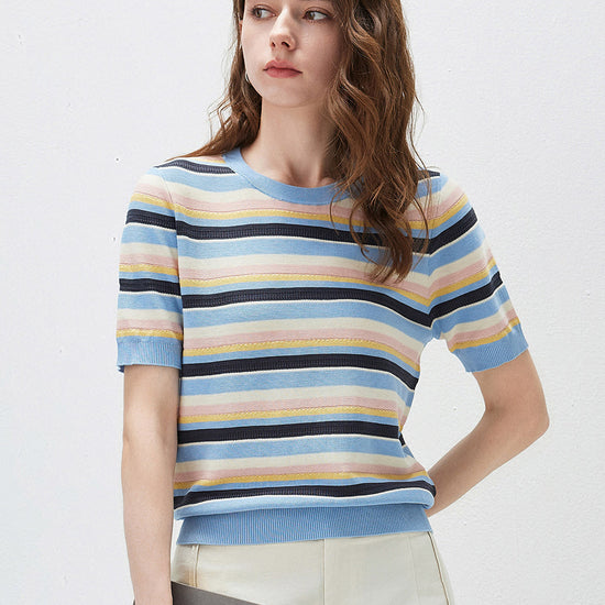 COMOBOCA Striped Women's Multi-Color Stripe Knit T-Shirt