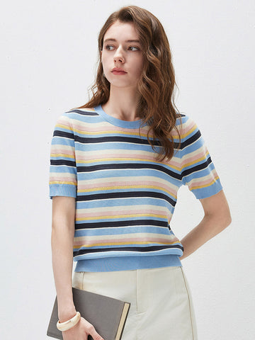 COMOBOCA Striped Women's Multi-Color Stripe Knit T-Shirt