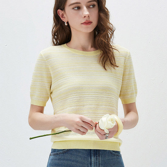 COMOBOCA Women's Ribbed Fine Stripe Knit T-Shirt
