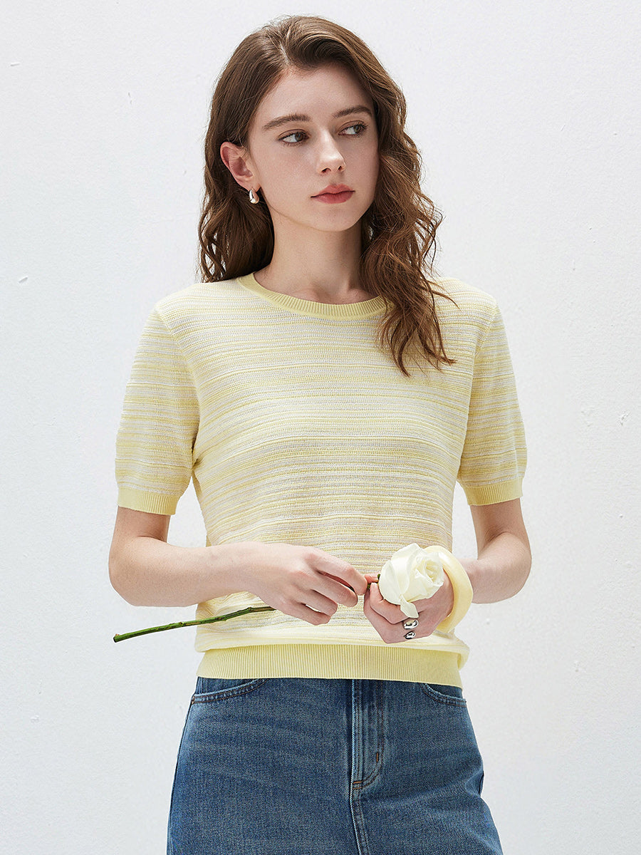 COMOBOCA Women's Ribbed Fine Stripe Knit T-Shirt