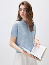 Women's Silk-Cotton Blend Peter Pan Collar Pointelle Knit Short Sleeve Top