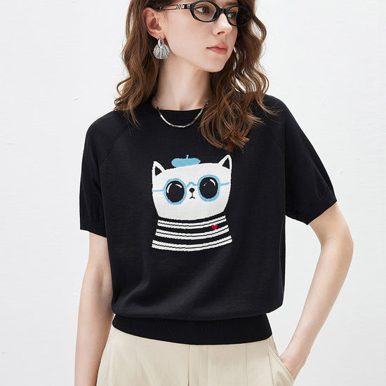 COMOBOCA Women's Cartoon Animal Intarsia Knit T-Shirt