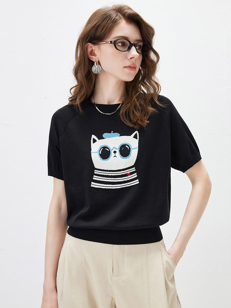 COMOBOCA Women's Cartoon Animal Intarsia Knit T-Shirt