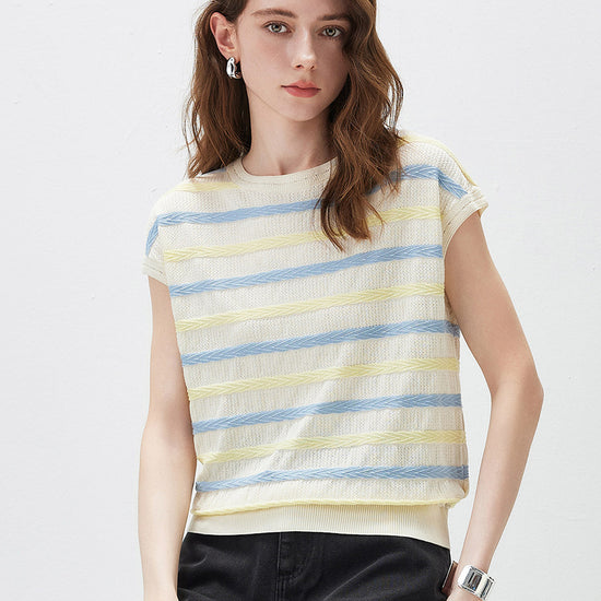 COMOBOCA Women's Striped Knit Cap Sleeve T-Shirt