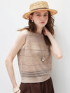 Women's Linen Blend Crew Neck Pointelle Knit Sleeveless Vest