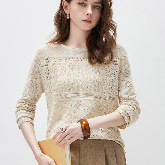 COMOBOCA Beige Women's Diamond Pointelle Knit Sweater