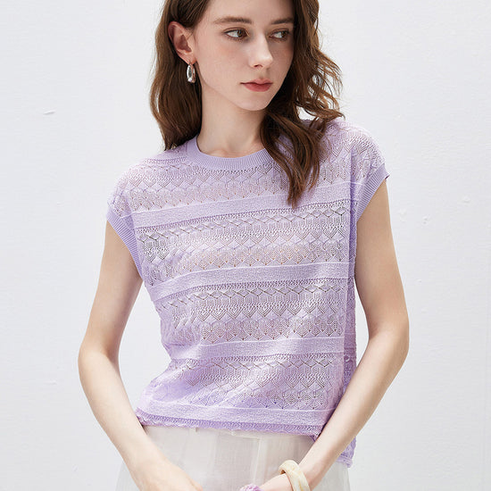 COMOBOCA Women's Openwork Striped Sleeveless Knit T-Shirt