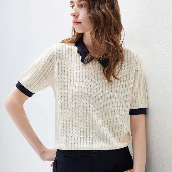 COMOBOCA Women's Scalloped Contrast Collar Openwork Knit Sweater