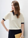 COMOBOCA Women's Scalloped Contrast Collar Openwork Knit Sweater