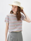 Women’s Silk-Cotton Contrast Stripe Knit Crew Neck Short Sleeve T-Shirt