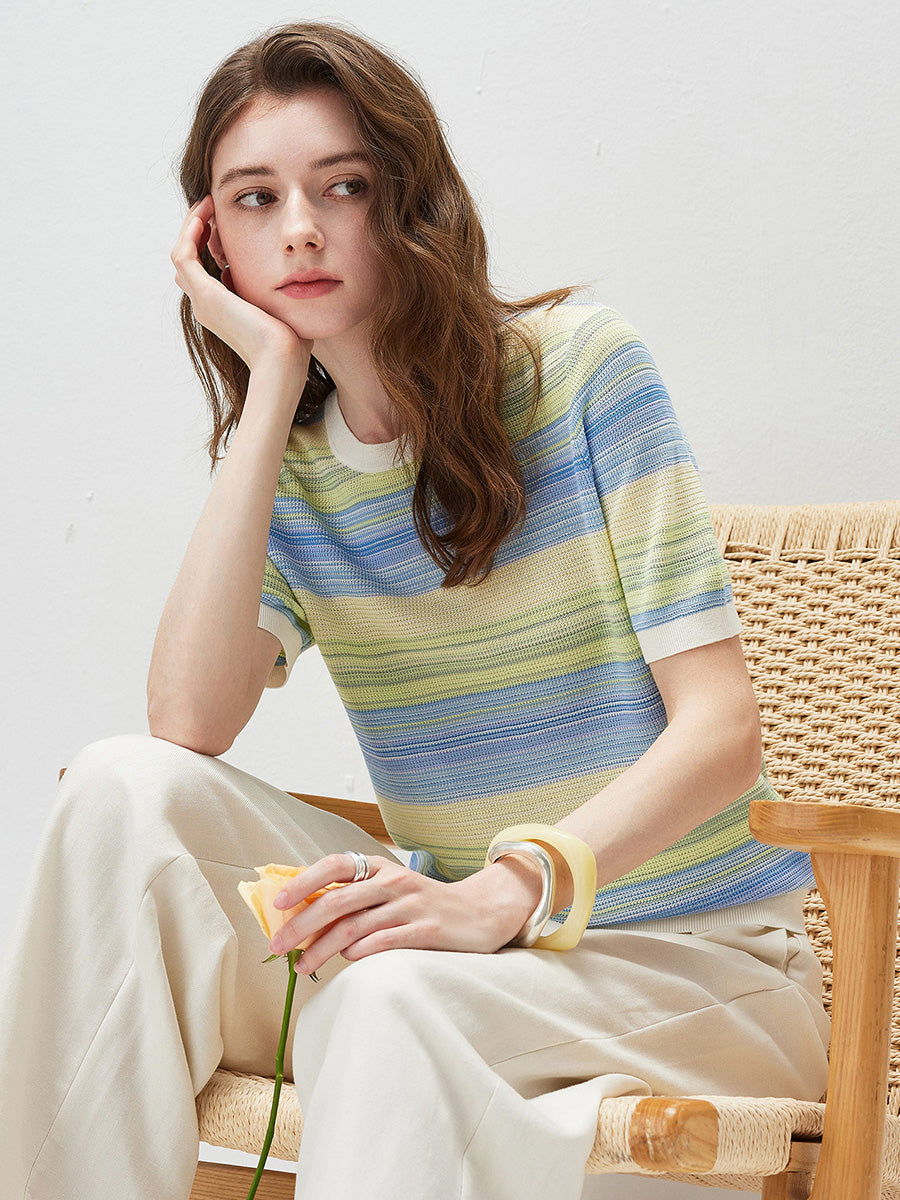 COMOBOCA Women's Gradient Stripe Openwork Knit T-Shirt