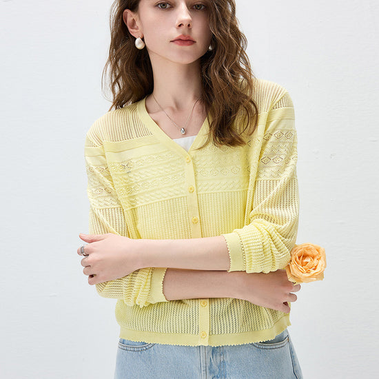 COMOBOCA Women's Pointelle Knit V-Neck Cardigan