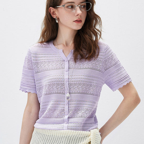 COMOBOCA Lavender Bloom Women's Scalloped Hem Openwork Knit Cardigan
