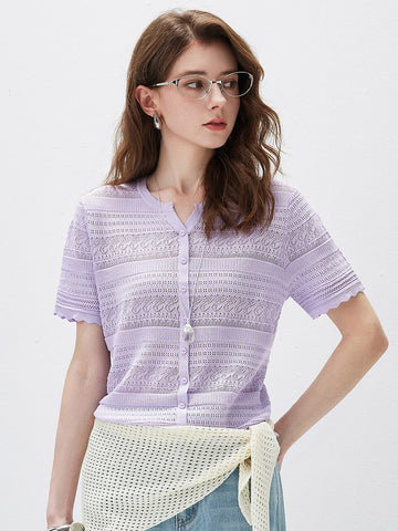 COMOBOCA Lavender Bloom Women's Scalloped Hem Openwork Knit Cardigan