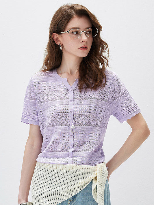 COMOBOCA Lavender Bloom Women's Scalloped Hem Openwork Knit Cardigan