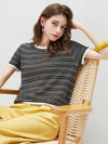 Women’s Round-Neck Linen Blend Dopamine Striped Knit Short Sleeve Top with Contrast Trim