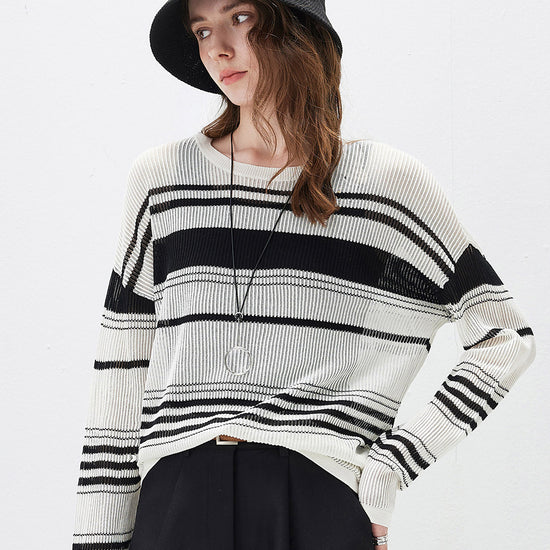COMOBOCA Women's Asymmetric Stripe Mesh Knit Round Neck Sweater