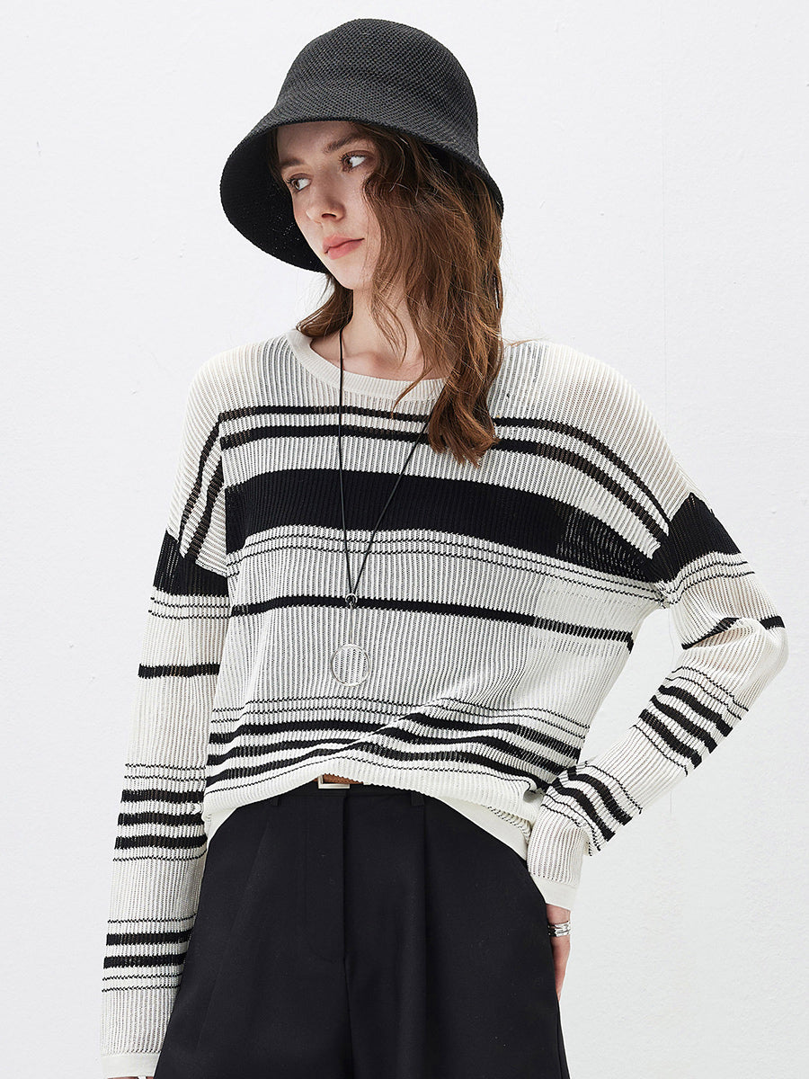 COMOBOCA Women's Asymmetric Stripe Mesh Knit Round Neck Sweater