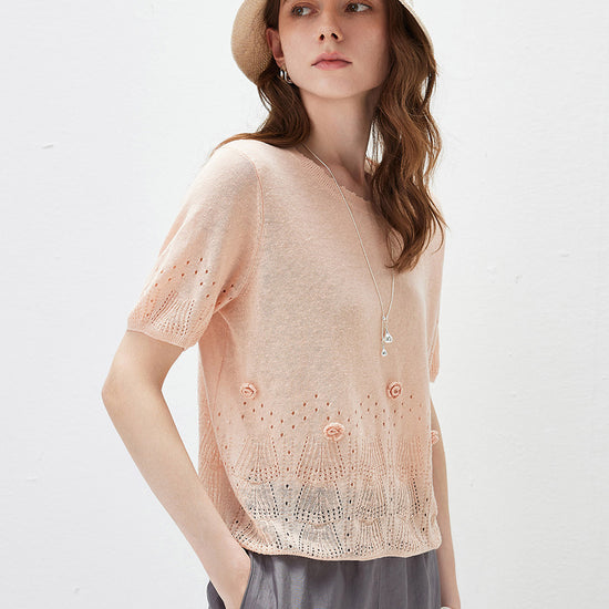 COMOBOCA Women's Sheer Openwork Knit T-Shirt