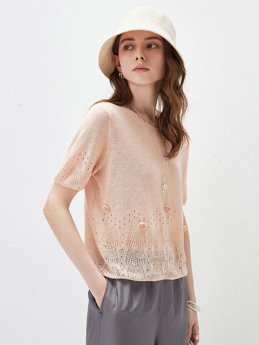 COMOBOCA Women's Sheer Openwork Knit T-Shirt