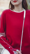 100% Cashmere Women's Striped Sleeve Round Neck Sweater
